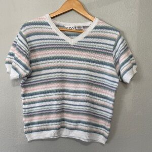 VTG Russ Pastel Striped V-Neck Sweater Large 1980’s Ramie/Cotton Short sleeve